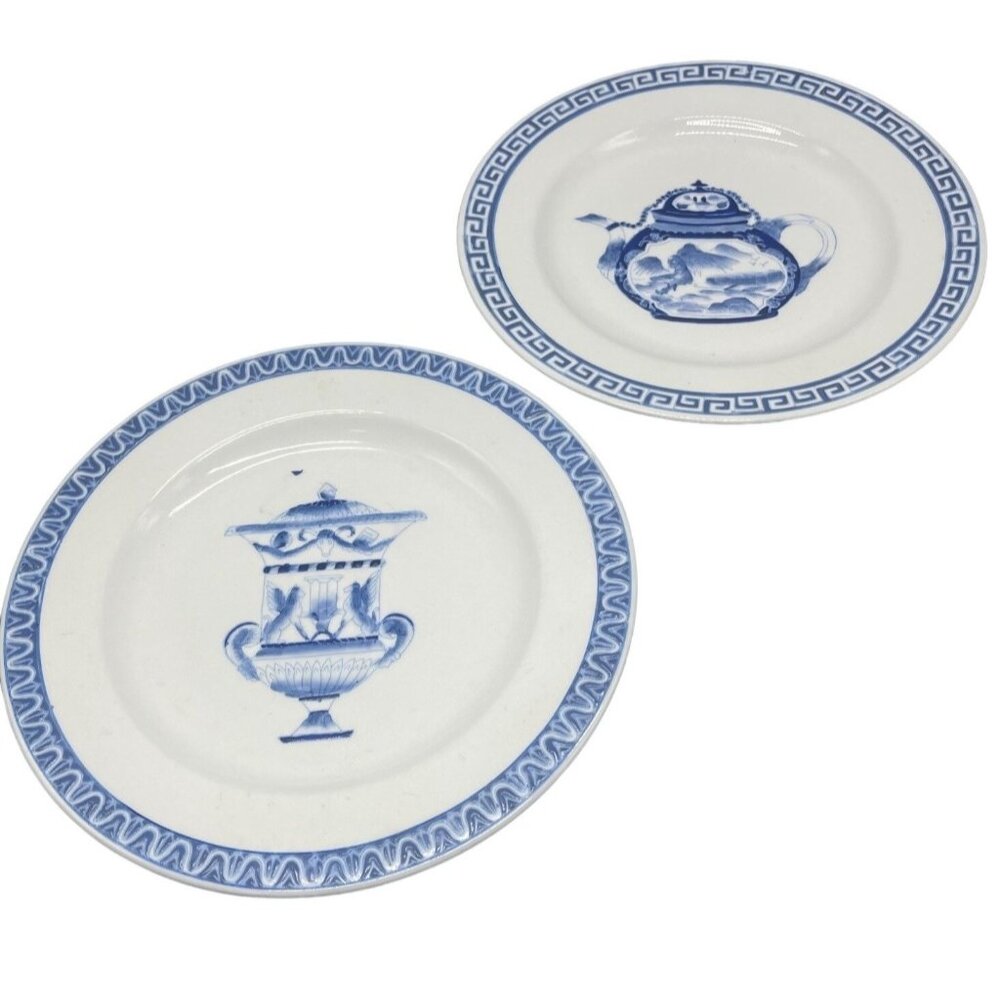vintage accent set of 2 collector plate white blue embossed tea pot 10.5" READ